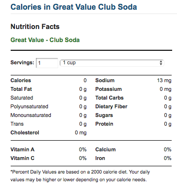 nutrition facts for club soda